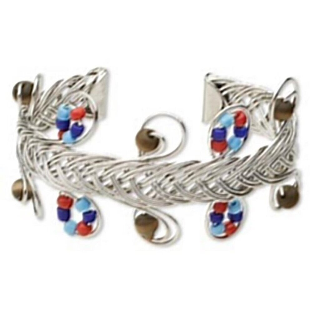 Handcrafted Silver Tone Multi Color Glass Beads Wire Weave Cuff Bracelet